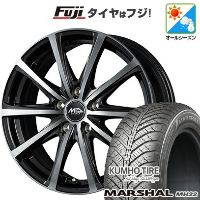 【新品国産車用5穴114.3】 オールシーズンタイヤ ホイール4本セット 215/65R16 102 V XL クムホ マーシャル MH22 オールシーズン(限定) MID WHEELS V25 ブラックポリッシュ 6.5J 16インチ(送料無料)|フジ スペシャルセレクション