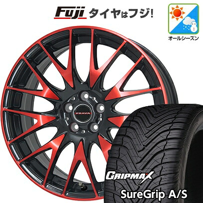 【新品国産車用5穴114.3】 オールシーズンタイヤ ホイール4本セット 225/45R18 グリップマックス シュアグリップ オールシーズン(限定) ビッグウエイ レイシーン プラバ9M(レッドクリア) 7.5J 18インチ(送料無料)