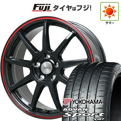 【パンク保証付き】【新品国産車用5穴114.3】 夏タイヤ ホイール4本セット 225/45R18 ヨコハマ アドバン スポーツ V107(限定) レアマイスター LMスポーツ LM-QR グロスブラック/レッドライン 7.5J 18インチ(送料無料)