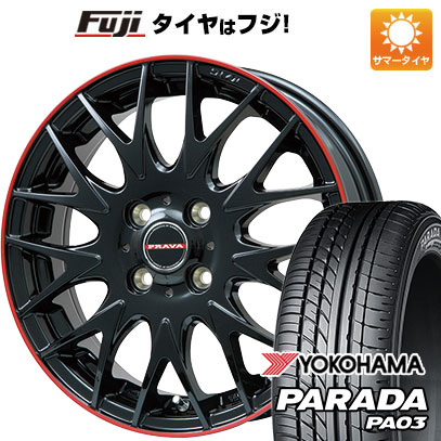 【新品 軽自動車】 夏タイヤ ホイール4本セット 165/55R14 ヨコハマ PARADA PA03 ブラックレター ビッグウエイ レイシーン プラバ9MJrII グロスブラック/レッドリム 4.5J 14インチ(送料無料)