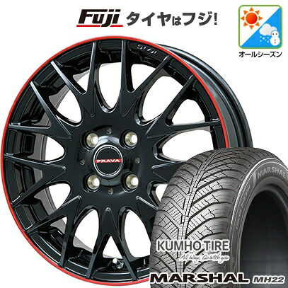 【新品国産車用4穴100】 オールシーズンタイヤ ホイール4本セット 185/65R15 クムホ マーシャル MH22 オールシーズン(限定) ビッグウエイ レイシーン プラバ9MJrII グロスブラック/レッドリム 6J 15インチ(送料無料)|フジコーポレーション