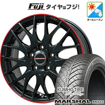 【新品国産車用5穴114.3】 オールシーズンタイヤ ホイール4本セット 215/65R16 102 V XL クムホ マーシャル MH22 オールシーズン(限定) ビッグウエイ レイシーン プラバ9MJrII グロスブラック/レッドリム 6.5J 16インチ(送料無料) 103,400円