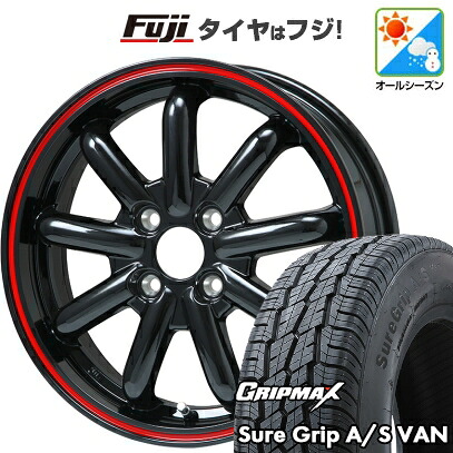 【新品 軽自動車】軽トラ 軽バン オールシーズンタイヤ ホイール4本セット 145/80R12 80/78T グリップマックス シュアグリップ オールシーズン Van(限定) ブランドルライン ストレンジャーKST-9改 ブラック/レッドライン 3.5J 12インチ(送料無料)