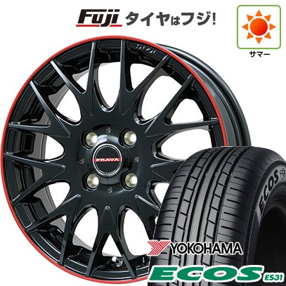 日本製【新品 軽自動車】 夏タイヤ ホイール4本セット 165/55R14 ヨコハマ エコス ES31 ビッグウエイ レイシーン プラバ9MJrII グロスブラック/レッドリム 4.5J 14インチ(送料無料)