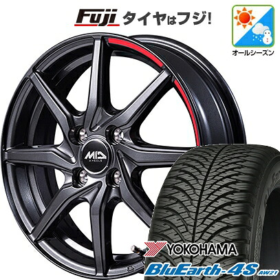 【パンク保証付き】【新品 軽自動車】N-BOX タント スペーシア オールシーズンタイヤ ホイール4本セット 155/65R14 ヨコハマ ブルーアース 4S AW21 オールシーズン MID WHEELS RX810 アクティブブラック 4.5J 14インチ(送料無料)|フジコーポレーション