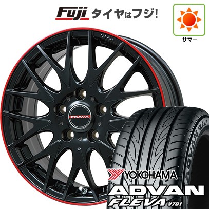 【新品国産車用4穴100】 夏タイヤ ホイール4本セット 195/50R16 ヨコハマ アドバン フレバV701 ビッグウエイ レイシーン プラバ9MJrII グロスブラック/レッドリム 6.5J 16インチ(送料無料)