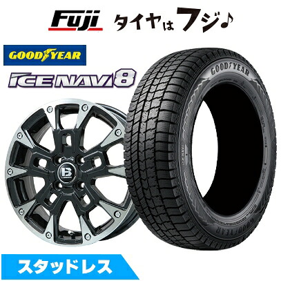 【新品 軽自動車】N-BOX タント スペーシア スタッドレスタイヤ ホイール4本セット 155/65R14 グッドイヤー ウィンター アイスナビ 8(限定) ビッグウエイ B-LUGNAS BRD(ブラックポリッシュ/ブラッククリア) 4.5J 14インチ(送料無料)｜フジコーポレーション