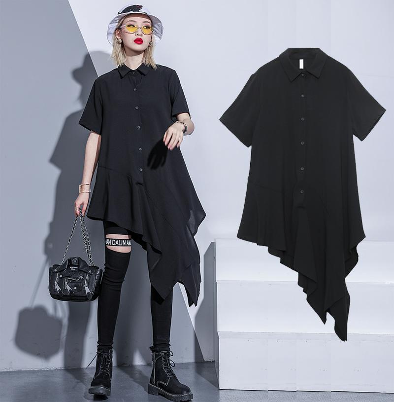アシンメトリーワンピース ロングシャツ レディース 春 夏 秋 半袖 アシンメトリーシャツ ロング シャツワンピース モード系 個性的 無地 大きいサイズ おしゃれ 変形デザイン