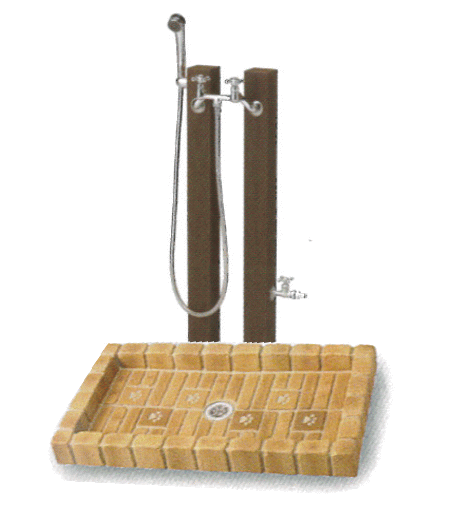 立水栓ユニット/水栓柱+パンセットシャワープレイスレヴウッドタイプ ・給水用(補助蛇口配管仕様)・給湯用・シャワーヘッド付水栓金具(カランパイプ無)・補助蛇口・パン(ブリックタイプ)送料無料 犬猫 ペット用ガーデンシャワー 動物用｜フジジュウ「アリス」