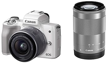 【中古】Canon 銀鏡受け答え一眼写真機 EOS Kiss M ダブルズームキット 白いこと EOSKISSMWH-WZK
