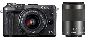 【中古】Canon 銀鏡受け答え一眼写真機 EOS M6 ダブルズームキット(黒いこと) EF-M15-45粍/EF-M55-200粍 属する EOSM6BK-WZK