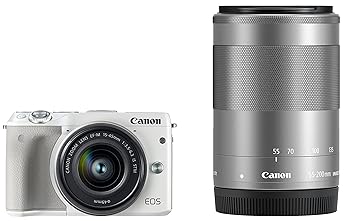 【中古】Canon 銀鏡受け答え一眼写真機 EOS M3 ダブルズームキット(白いこと) EF-M15-45粍 F3.5-6.3 IS STM EF-M55-200粍 F4.5-6.3 IS STM 属する EOSM3WH-WZ