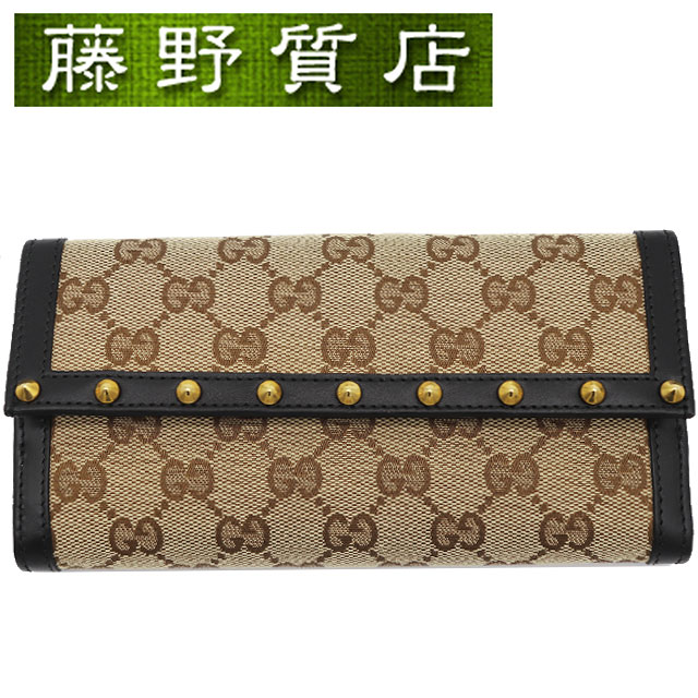 グッチ GUCCI スタッズ 長紙入れ GG帆布 なめし革 赤銅色 黒いこと ゴールド金具 グッチ 紙入れ メンズ レディース 長紙入れ gg ロングウォレット ブランド名 紙入れ 中古品 gucci gg帆布 長紙入れ 8427