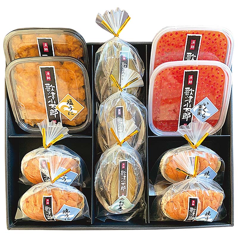 歌津小太郎　三陸　磯の宝　　　　　　　　焼うに 塩うに いくら醤油漬各 あわび煮貝 プレミアム 御中元 冷凍 送料込み お中元 夏ギフト 夏のギフト ギフト 贈答 夏の贈り物 藤崎百貨店｜藤崎百貨店店