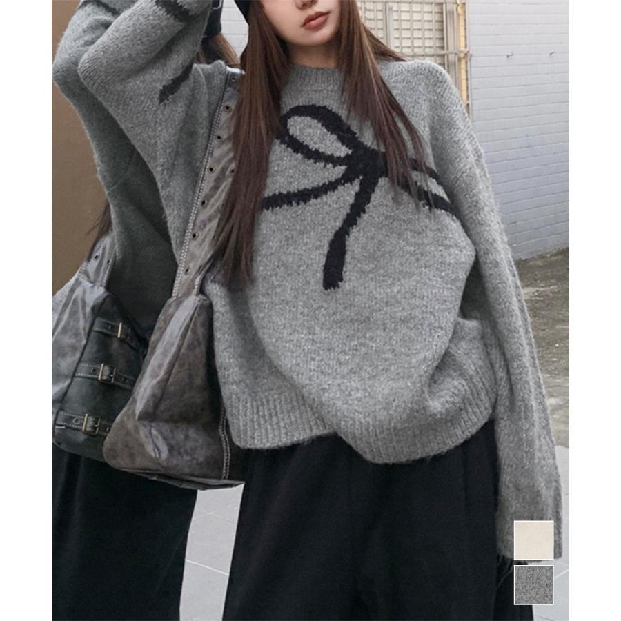 リボン柄ニット セーター プルオーバー 20代 30代 40代 オシャレ かわいい 春 秋 冬 SHOP DAN