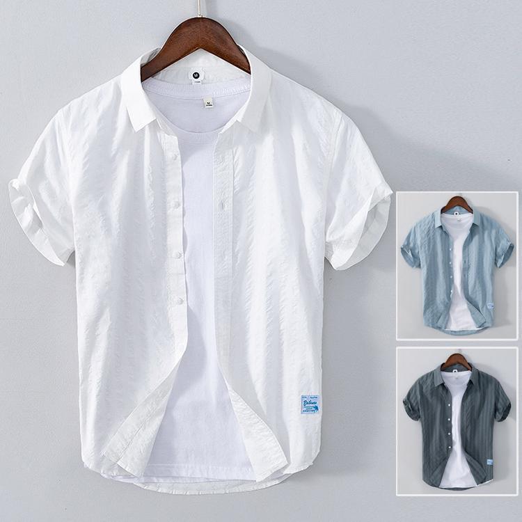 ストライプシャツ メンズ 開襟シャツ 夏服 白シャツ カジュアルシャツ トップス 半袖シャツ メンズシャツ 夏 サマー 2025 SHOP DAN