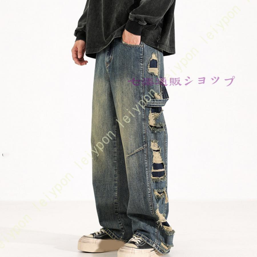 デニムパンツ カーゴパンツ メンズ ジーンズ ダメージ加工 デニム ボトムス 大きいサイズ ゆったり 体型カバー ワイド デニムパンツ Gパン SHOP DAN