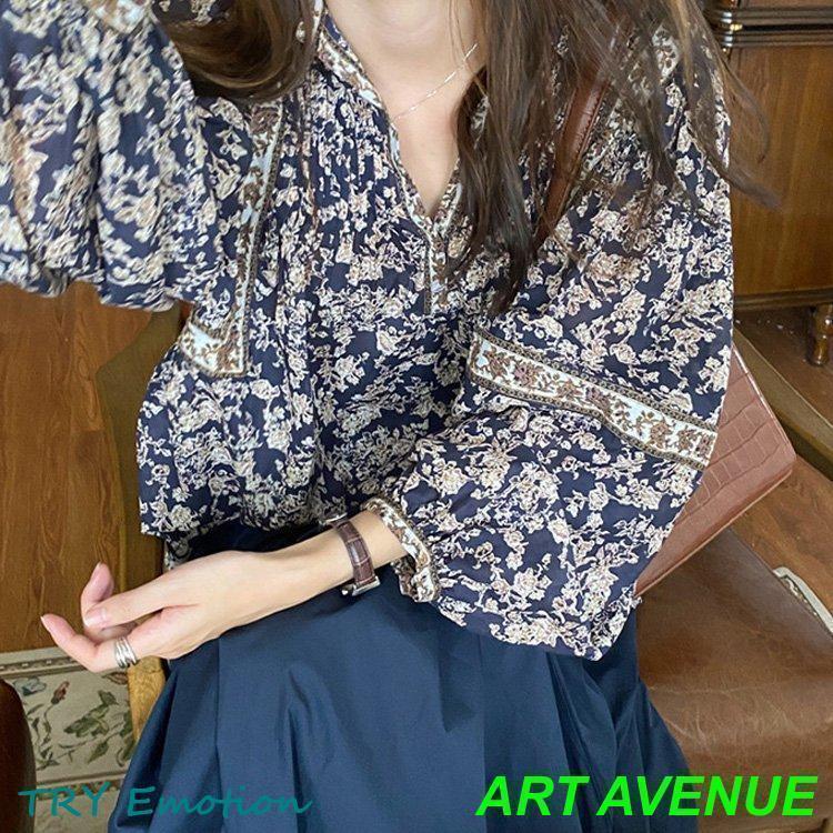 ブラウス レディース きれいめ 40代 秋新作 長袖ブラウス 花柄シャツ パフスリーブ Vネック シフォントップス オシャレカジュアル 韓国風 ゆったり 大人可愛い SHOP DAN