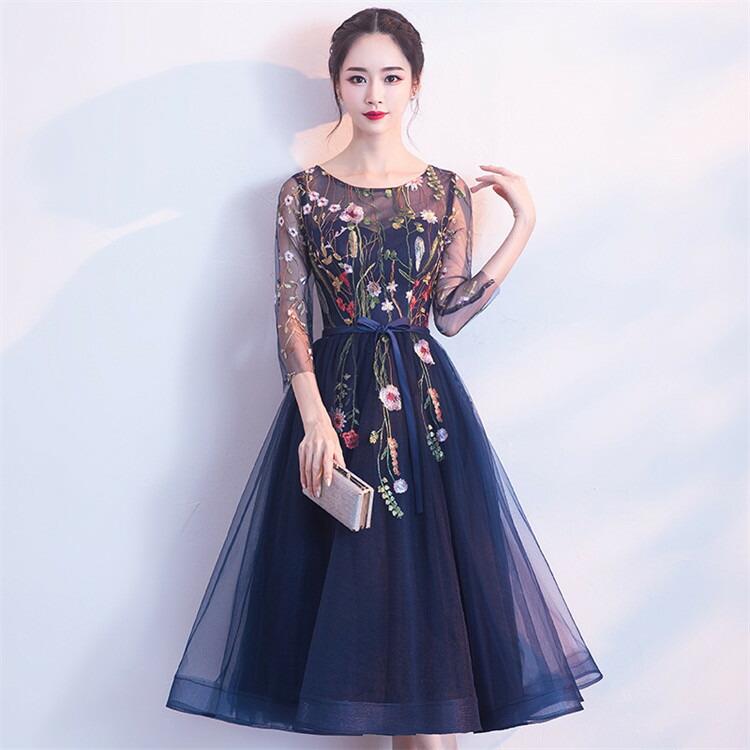 イブニングドレス レディース ドレス パーティードレス 花柄ワンピース ロングワンピース フレアワンピース透け感 花柄刺繍 五分袖 Aライン 大きい裾 ハイウエスト きれいめ 着痩せ おしゃれ 体型カバー 結婚式 披露宴 発表会 演奏会 お呼ばれ 二次会 パーティー SHOP DAN
