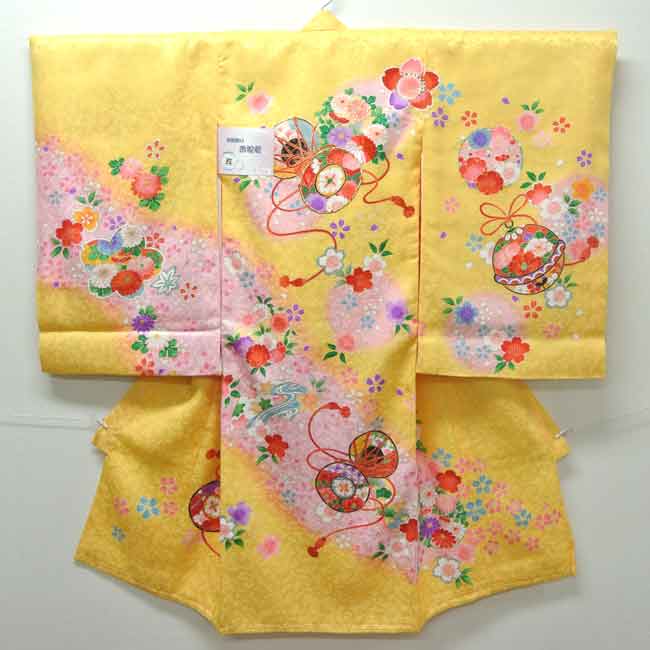 お宮参り 着物 祝着 新品 女の子 正絹 黄色系 『若狭 鼓柄』