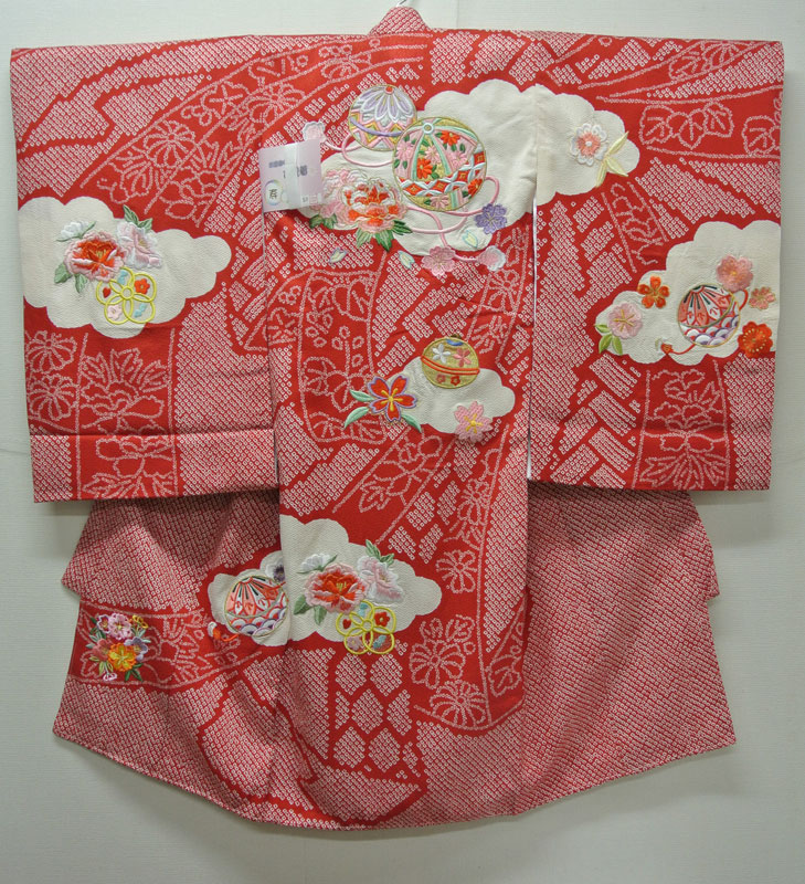 お宮参り 着物 祝着 新品 女の子 正絹 赤色系 『加　鹿の子柄』