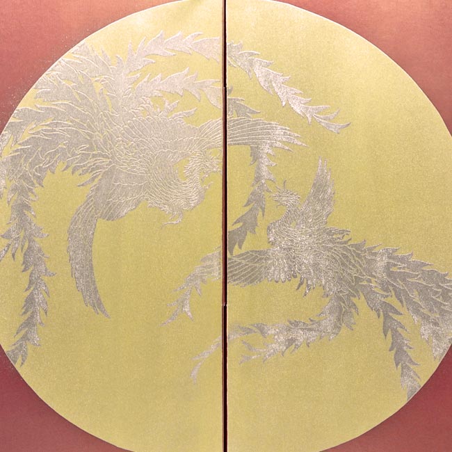 藤田人形店オリジナル鎧平飾り『飛翔鷹厚金飾り胴丸鎧金月鳳凰柄二曲本装屏風』