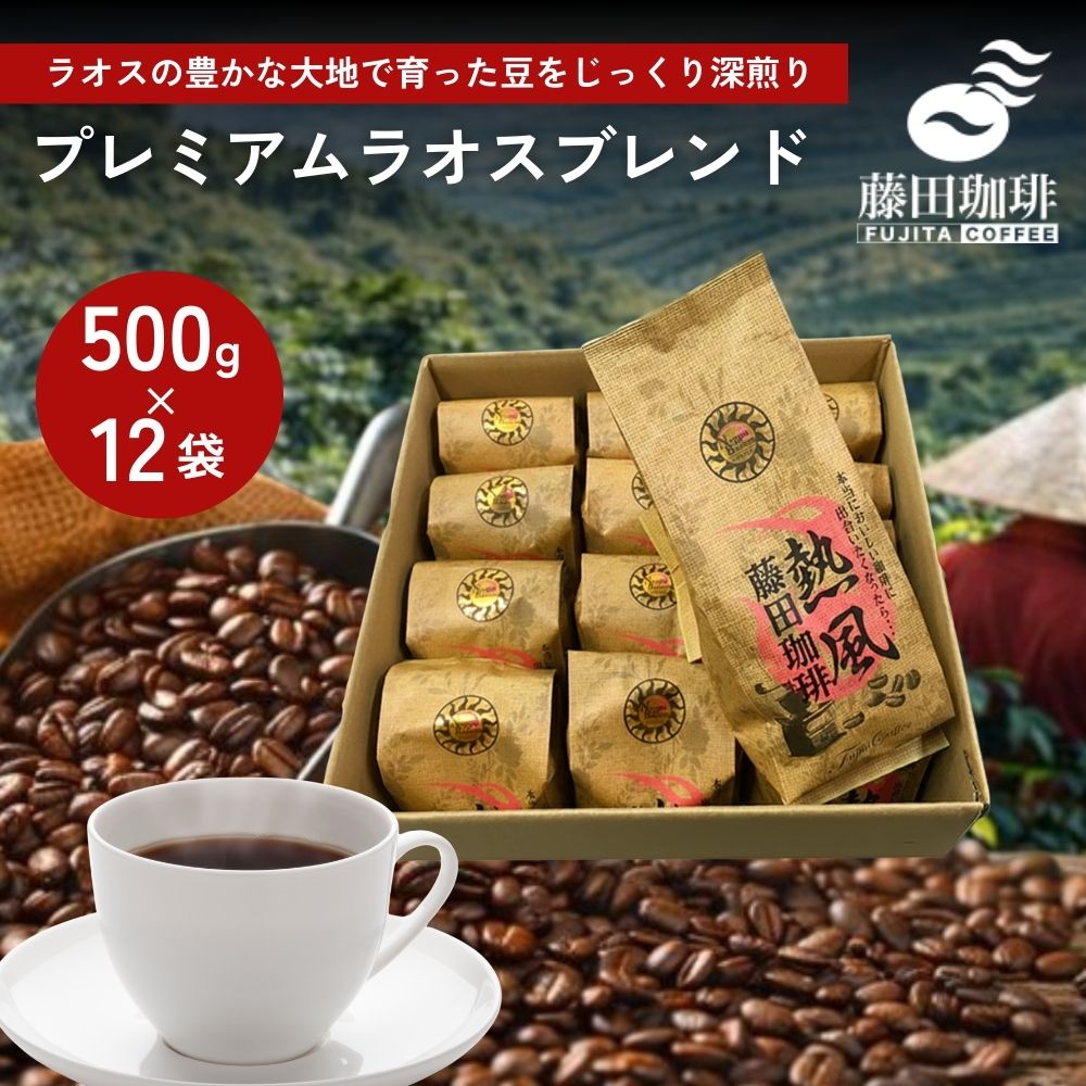 藤田珈琲 コーヒー豆 500g 12個セット コーヒー 豆 粉 業務用 大容量 自家焙煎 プレミアムラオスブレンド 中挽き 中深煎り ブレンド 送料無料 珈琲 カフェ用 家庭用