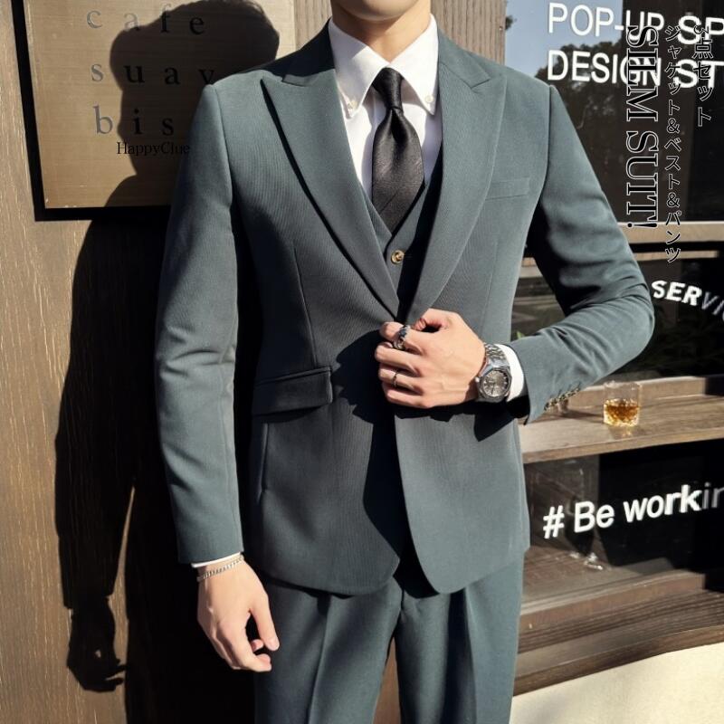 スーツメンズパンツスーツ成人男性成年者スリムスーツスリーピーススーツメンズスーツ卒式はいり込む式今めかしい背広ブラックタイ成人男性服御芽出度フォーマルビジネススーツ通い執務室就活大きいサイズカジュアルパーティー成年者式オール時節春夏秋冬モノクローム緑