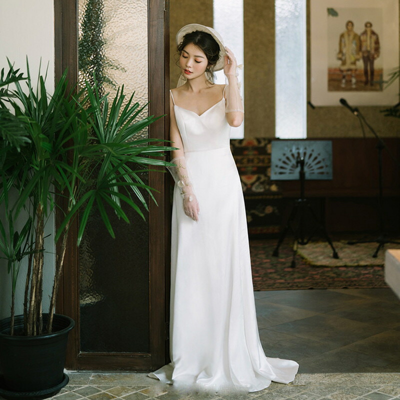 外国で挙式お召しもの御芽出度ロングお召しもの花嫁御寮ウェディングドレスシンプル御前上等感吊りスカートブライダルパーティードレス気が大きい大きさチャック手合い着痩せ交歓会御前上等感雅びやか映画化召し上がる会weddingdressハネムーン映し絵xs～xl