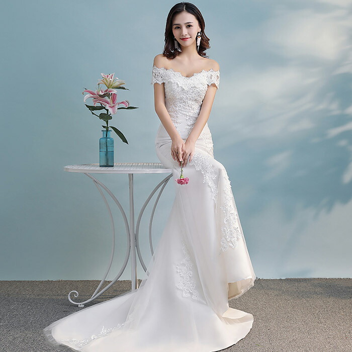 ブライダルマーメイドラインロングドレスウェディングドレス花嫁二次会結婚式パーティーに合うフォーマルドレスオフショルダー優雅海外撮影お嬢様セミオーダー編み上げ|フジテンshop