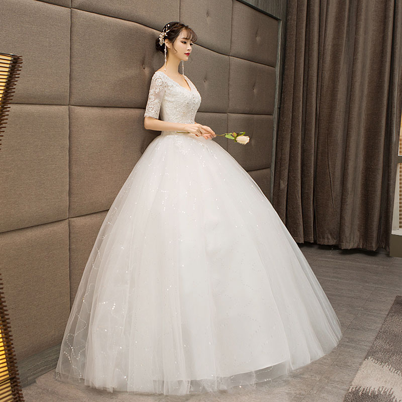 ウエディングドレス五分袖二次会プリンセスラインドレス花嫁結婚式披露宴フォマールドレスお姫様着痩せ20代30代40代ブライダル高級ロングドレスvネック刺繍セミオーダー/編み上げ|フジテンshop