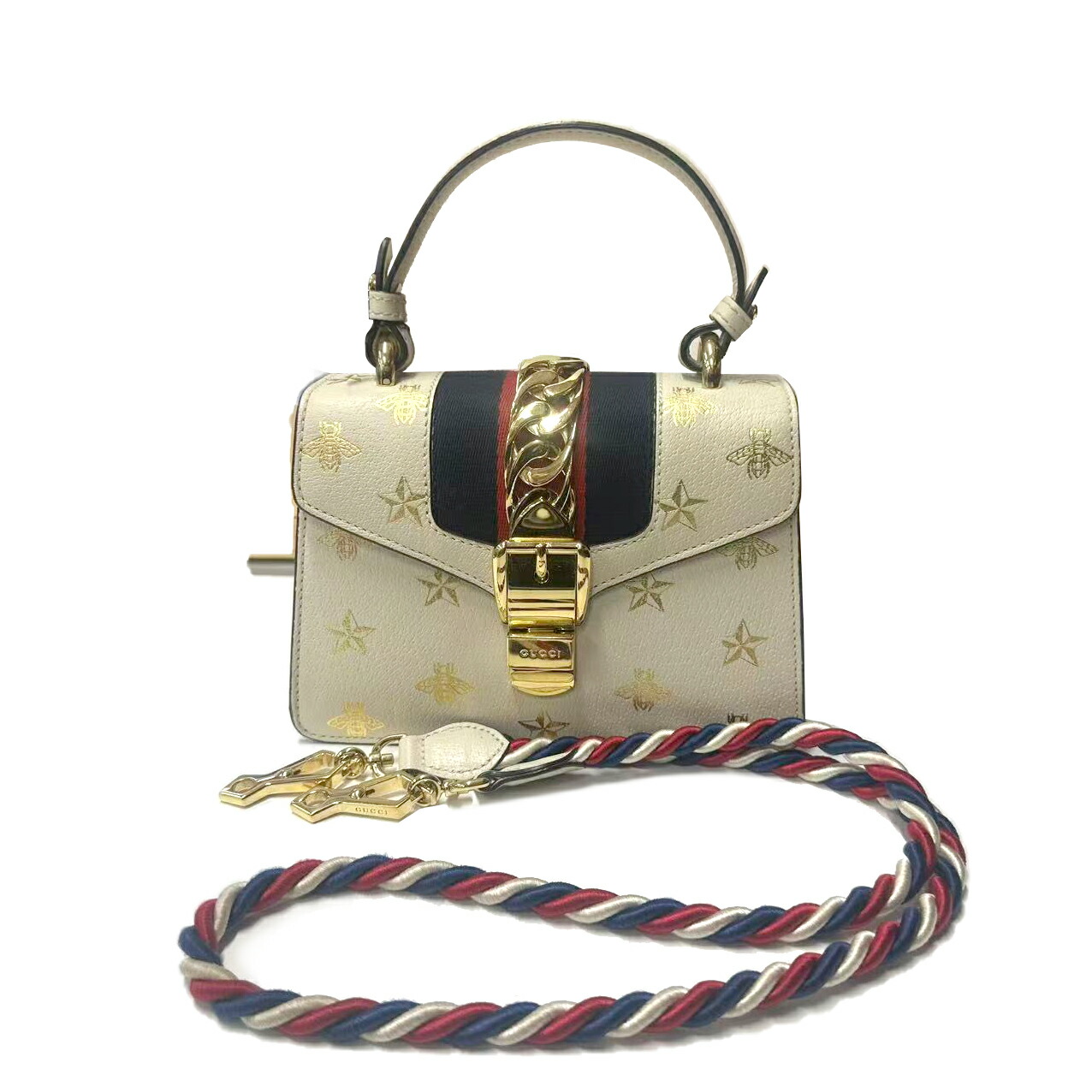 【中古】グッチ GUCCI シルヴィ ビー＆スター スモール 2way ハンド ショルダー バッグ レザー ホワイト ゴールド 421882