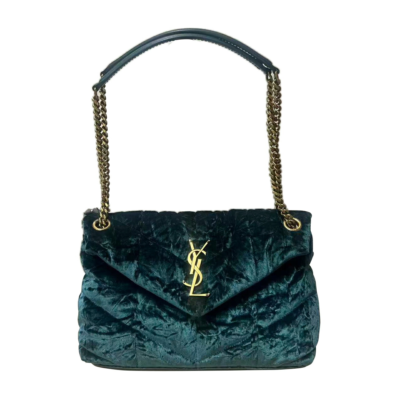 【中古】サンローラン 光の都市 SAINT LAURENT PARIS ルル パ毛皮 チェーン店 ショルダーバッグ 天鵞絨 天鵞絨 モスグリーン ゴールド金具 577476