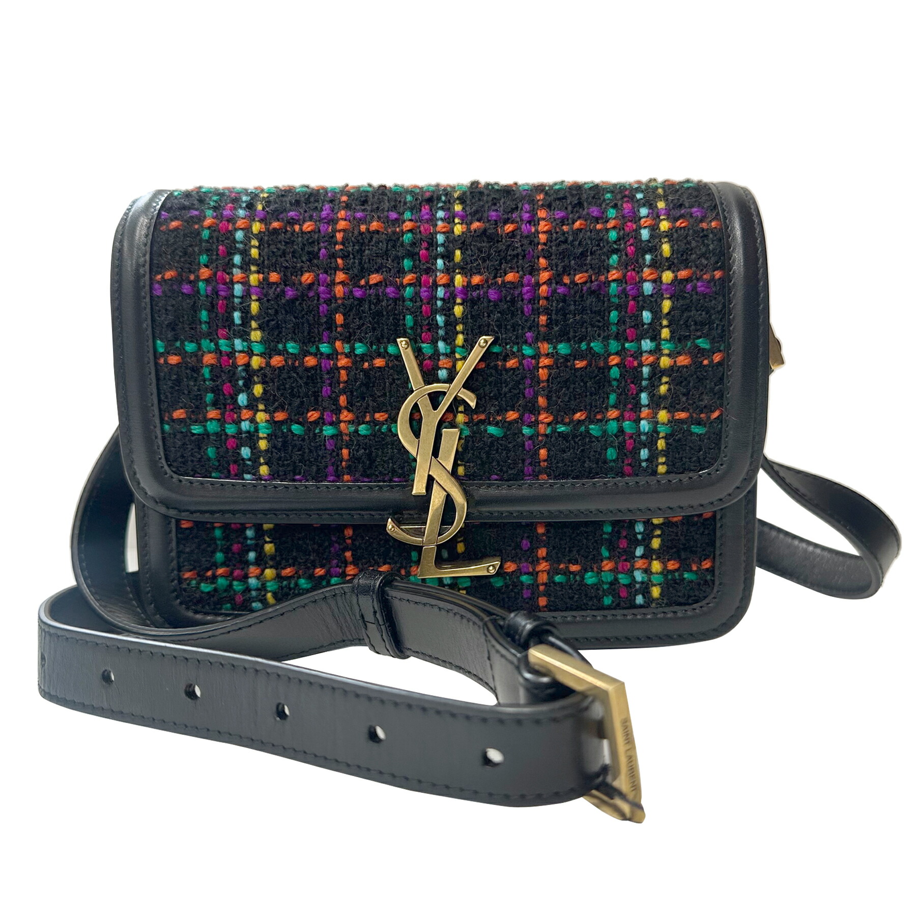 【中古】SAINT LAURENT サンローランパリ ソルフェリーノ スモール ショルダーバッグ ツィード なめし革 マルチ色合い 黒いこと ゴールド金具 YSL