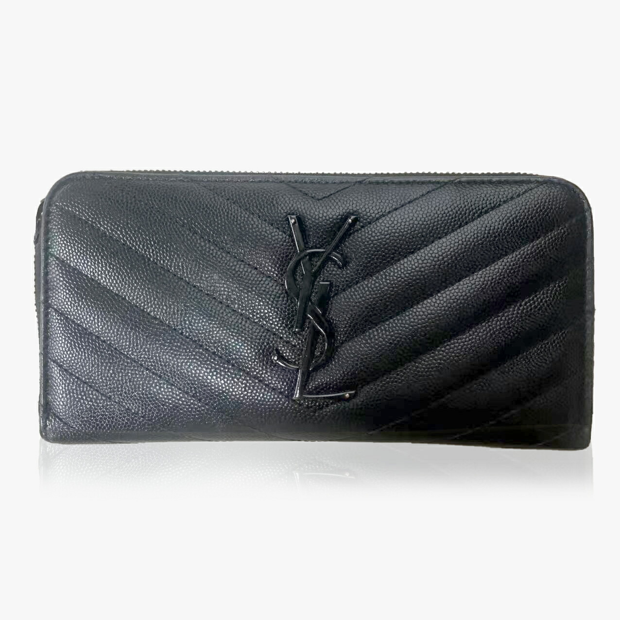 【中古】Yves Saint Laurent イヴサンローラン 長財布 キャビアスキン Vステッチ ブラック