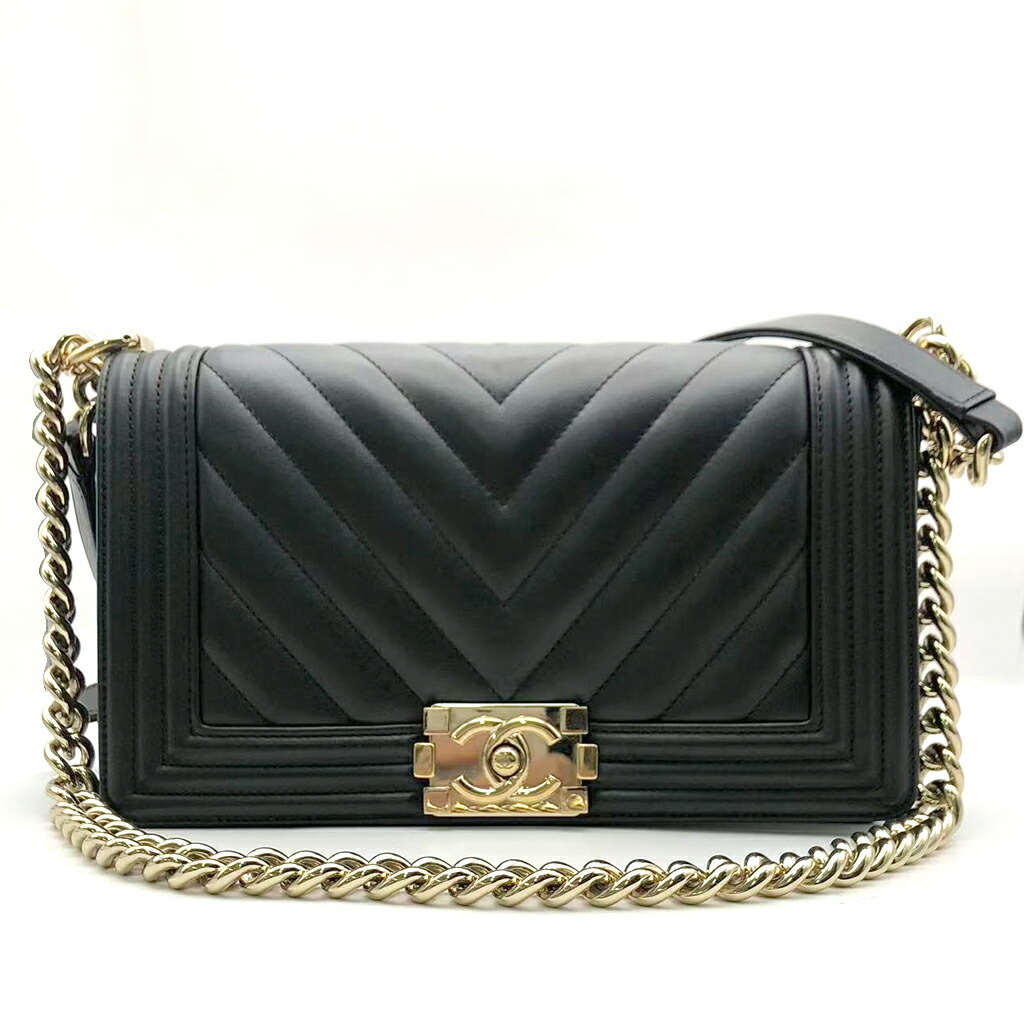 【中古】美品 シャネル CHANEL ココマーク シェブロン Vステッチ ボーイシャネル 2way チェーン ショルダーバッグ 斜め掛け カーフスキン レザー ブラック 黒 アンティークゴールド金具 27174805