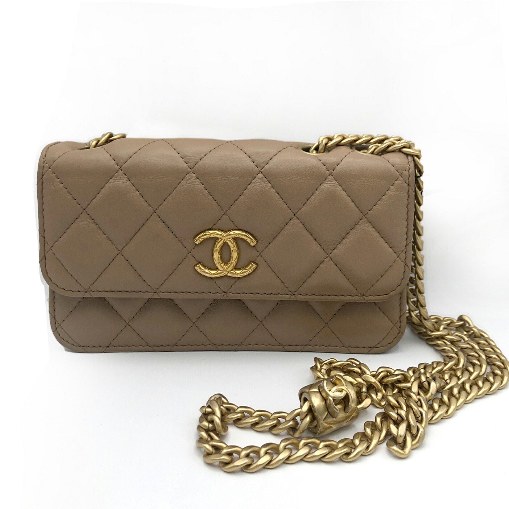 【中古】CHANEL シャネル マトラッセ 22K ミニWOC 子ヒツジひと肌 ベージュ ゴールド金具
