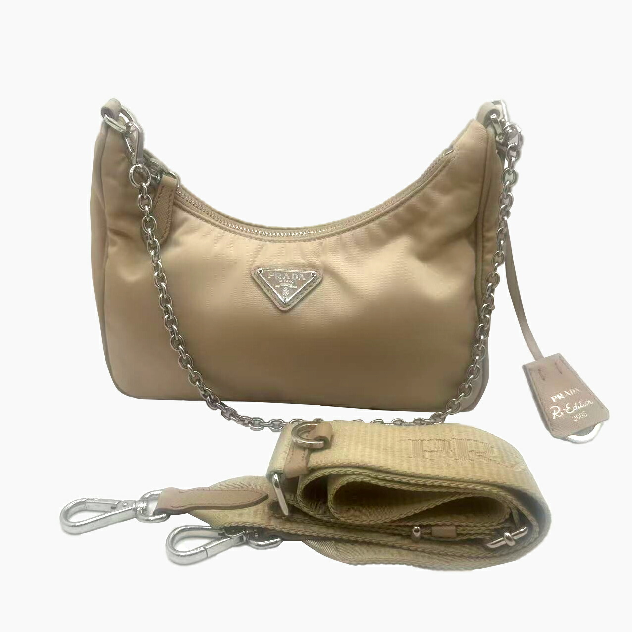 【中古】PRADA プラダ Re-Edition 2005 ナイロン ショルダーバッグ 2way ハンドバッグ チェーンバッグ 三角ロゴ プレート ベージュ シルバー金具 レディース 希少カラー