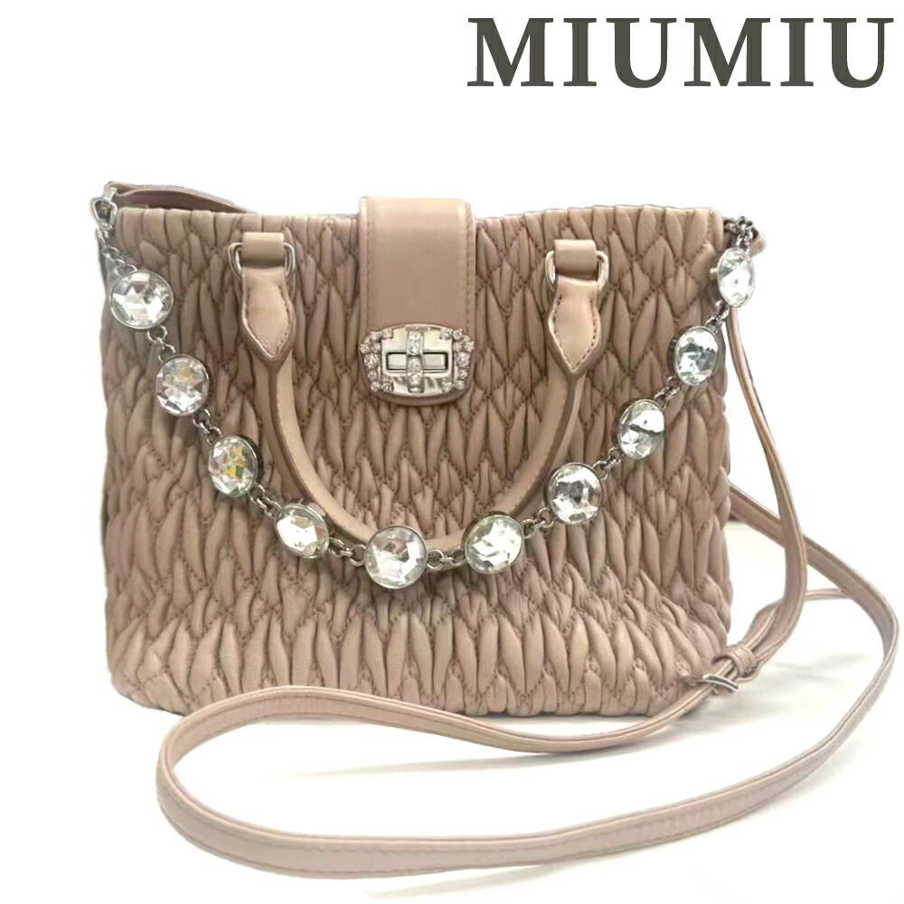 【中古】【美品】ミュウミュウ MIUMIUナッパ クリスタル ハンドバッグ ベージュ ラムスキン ビジュー付ツイストロック 2WAYショルダーバッグ ラインストーン マテラッセ 5BE001|FUJIVINTAGE