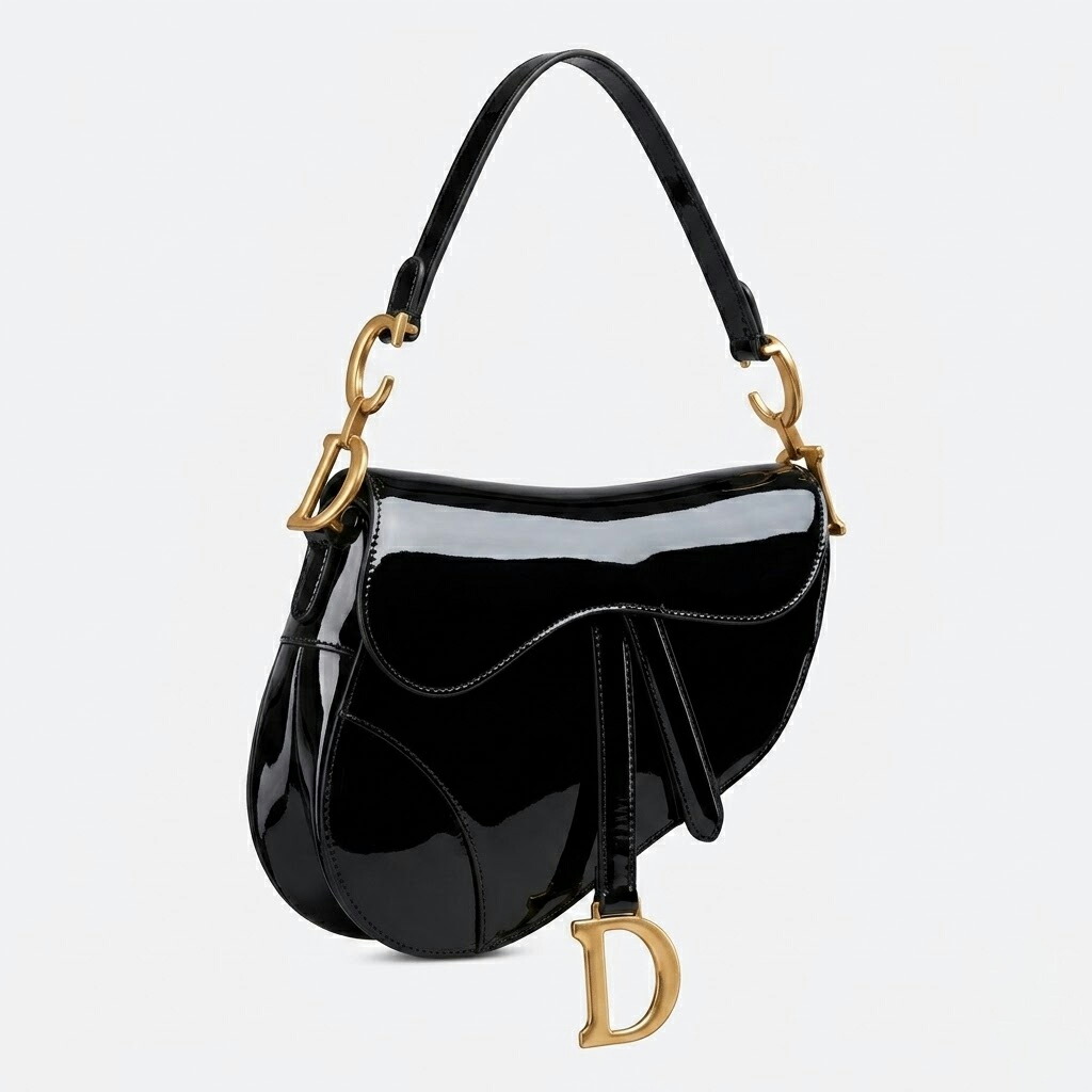 【・巽美品】Christian Dior クリスチャン・ディオール サドル御徒面子 専売特許なめし革 黒いこと ゴールド金具 M864b807 ハンドバック 壱肩部 まっ黒 艶 滅多に無い品 ・巽美品