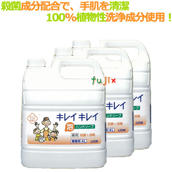 ライオン　キレイキレイ薬用泡ハンドソープ（詰替用）フルーツミックスの香り　4Ｌ×3本／ケース