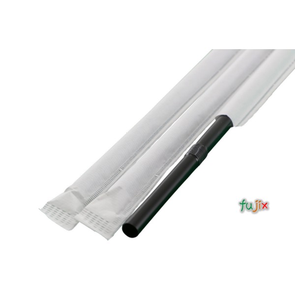 【新規受付不可】輸入　ジュース用 フレックスストロー 6mm×21cm 紙包装 黒色 10000本（500本×20小箱）／ケース わらおstraw 907