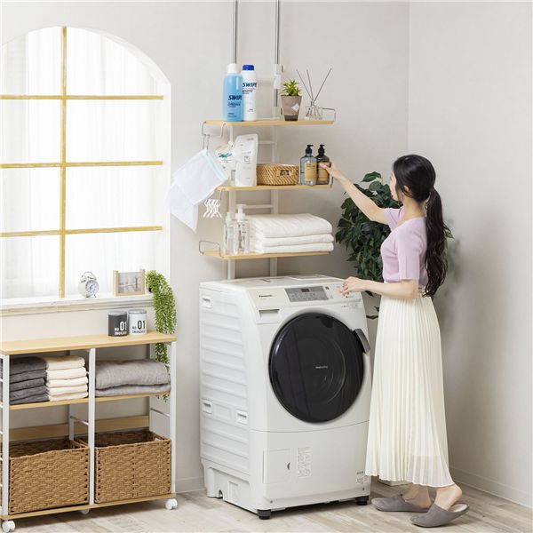 突っ張り 洗濯機ラック 幅59cm ナチュラル スチールフレーム ランドリーラック ランドリー収納 洗濯用品 収納用品 【北海道・沖縄・離島配送不可】