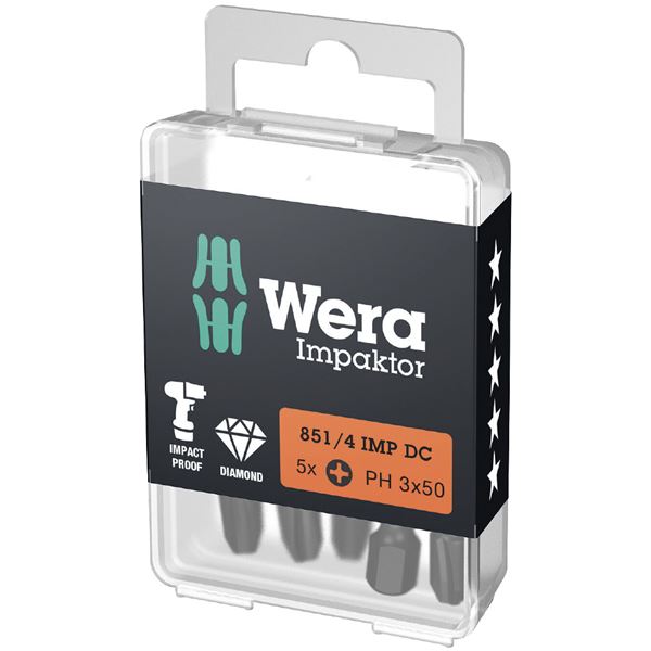 WERA ヴェラ 5本入 差込6.35mm ダイヤモンドコーティング インパクトドライバー用 プラスビット 刃先サイズPH3 全長50mm 057657 【北海道・沖縄・離島配送不可】