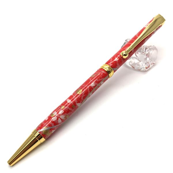 日本製 美濃和紙（友禅紙） ハンドメイドボールペン 桜と麻の葉／朱色【代引不可】【北海道・沖縄・離島配送不可】