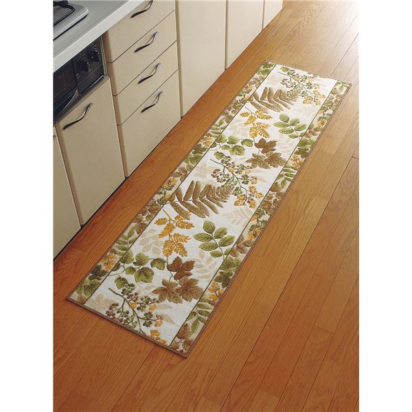 洗えるキッチンマット 〔ロング 50cm×240cm〕 南洋柄 日本製 ベージュ 〔速乾 抗菌 防臭 吸水 滑り止め加工〕【代引不可】【北海道・沖縄・離島配送不可】|フジックス