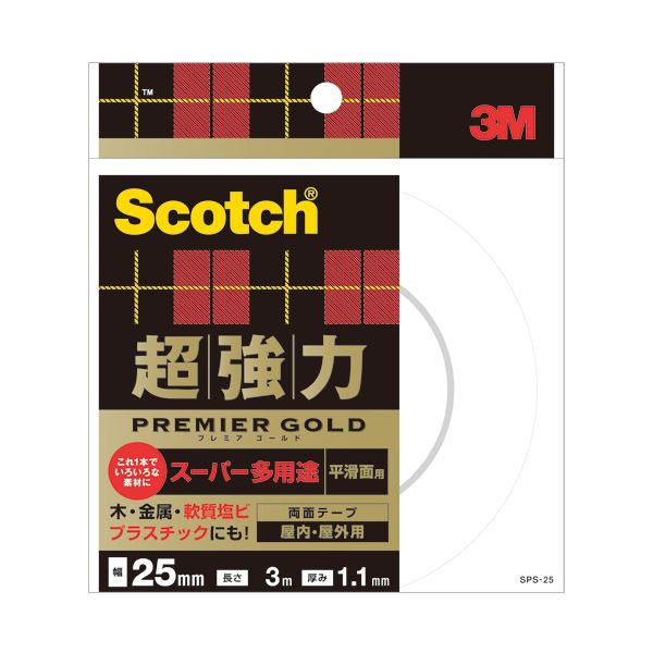 (まとめ) 3M スコッチ 超強力両面テープ プレミアゴールド (スーパー多用途) 25mm×3m SPS-25 1巻 〔×4セット〕【代引不可】【北海道・沖縄・離島配送不可】