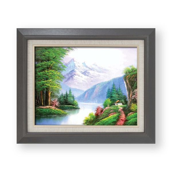 〔風景油絵〕 黒いフレーム・自然画 メイヤー油絵額 F6号サイズ 紘黒額 崇高な山々