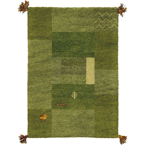ギャッベ ラグマット/絨毯 〔約60&times;90cm グリーン〕 ウール100％ 保温性 調湿効果付き オールシーズン対応 〔リビング〕 【北海道・沖縄・離島配送不可】｜フジックス