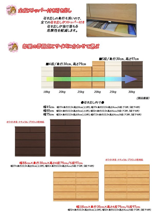 頑丈薄型チェスト 収納棚〔5段 幅90cm ナチュラル木目調〕 奥行30cm